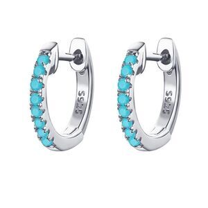 Platinum Plated 925 Sterling Silver Blue CZ Huggies Hoop Earrings